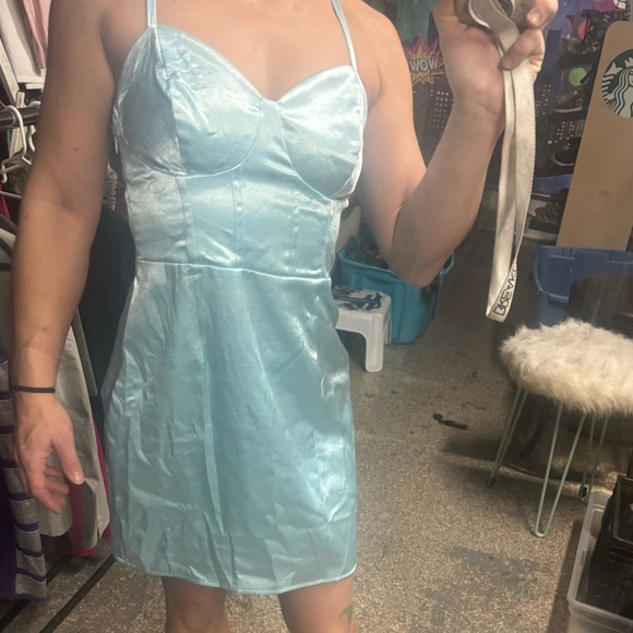 Wild Fable Light Blue Silky Mini Dress with Lace Up Back - Picture 4 of 8